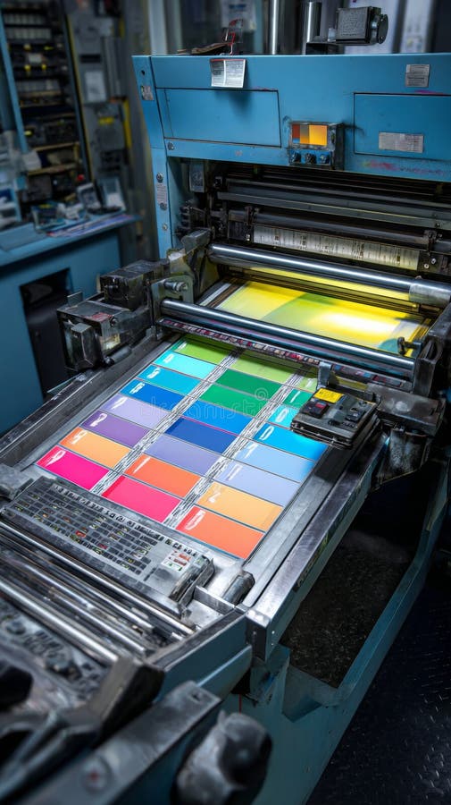 High-Quality Printing Process Showcasing Vibrant Color Palettes in Professional Printing Press Environment royalty free stock photos