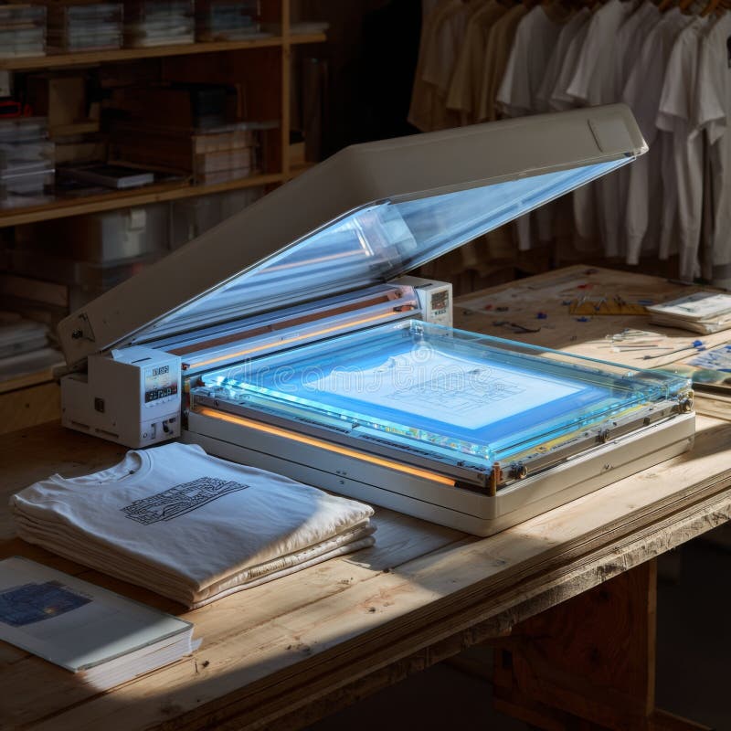 High-Quality Screen Printing Setup in a Creative Workshop with T-Shirts and Art Supplies Ready for Production stock photography