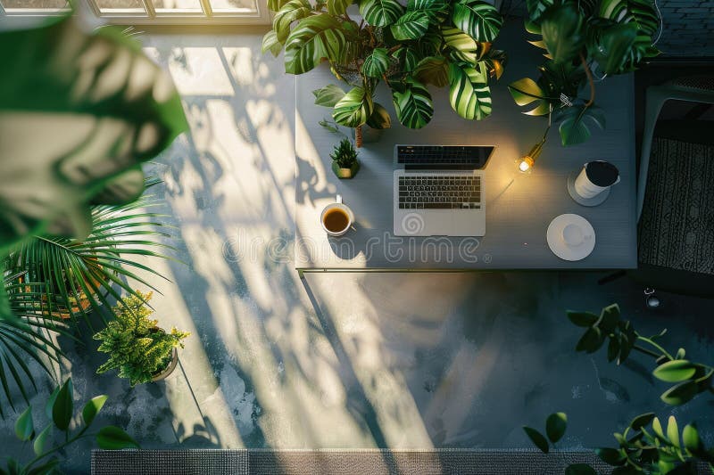 High-angle view of a desk featuring a laptop, a cup of coffee, and a variety of lush green potted plants, including species from the Araceae family, creating a vibrant, natural workspace. Soft, dappled sunlight filters through nearby windows, casting leaf-shaped shadows on the light-colored surface. A small lamp provides additional lighting, adding warmth to the setting. The overall arrangement conveys a sense of tranquility and productivity, seamlessly blending technology and nature. Laptop side angle illustrations