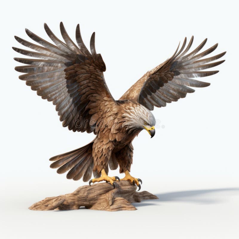 High Resolution 3d Eagle With Spread Wings On Log. eagle on the ground is a 3d model available for purchase. this detailed character illustration showcases an eagle in exaggerated poses, inspired by the works of salvator rosa. the high-speed sync technique enhances the image s dynamic feel. the white background highlights the intricate wood textures. this uhd image is perfect for various creative projects. ai generated