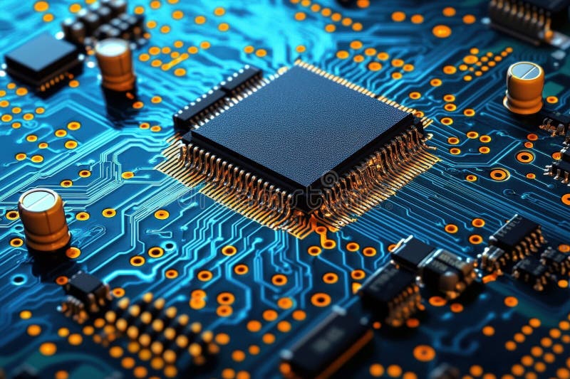 Close-up of a Circuit Board with a Microprocessor stock illustration