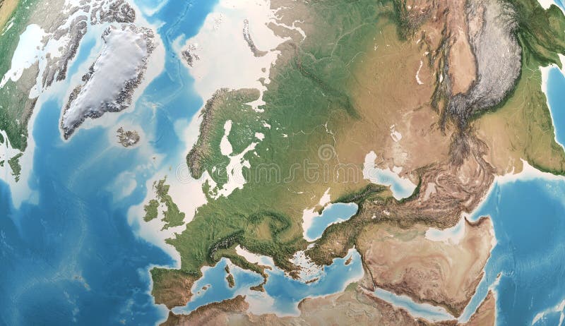 High resolution detailed map of Europe, Greenland, Middle East and Asia