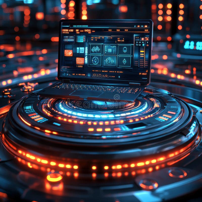 A high-resolution, futuristic image of a glowing laptop symbolizing advanced technology, possibly linked to gaming or royalty free stock photos