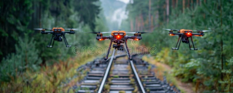 Drones flying over a forest railway track during a foggy day royalty free stock photo