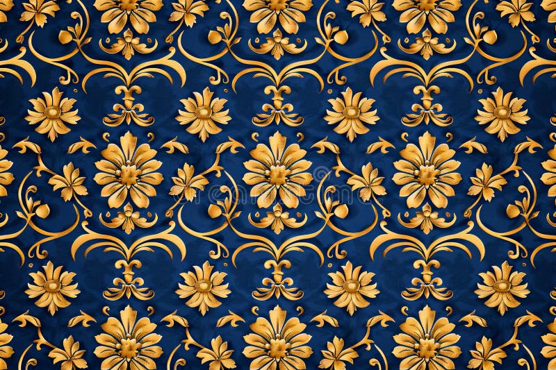 Gold damask on blue luxurious symmetric design