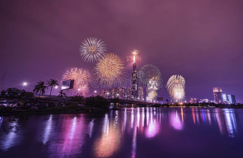 High Resolution Image of Colorful Fireworks of Ho Chi Minh City at New Year 2020 View from