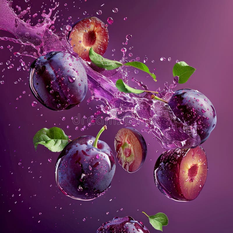 Prune violete vibrante care se desprind în aer. fructe proaspete și suculente cu frunze pe fond violet. dinamice și stock photos