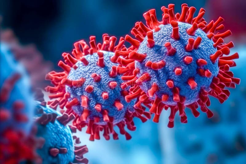 A high-resolution image of a virus with an irregular shape and various projections. Generative Ai. royalty free illustration