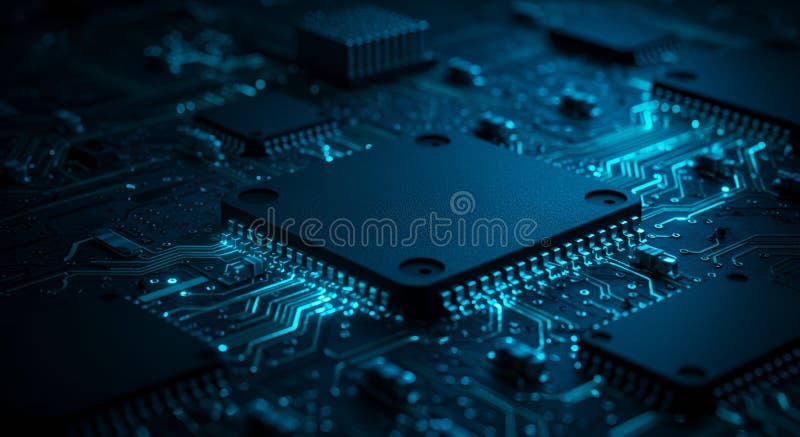 Ultra-HD macro shot of a high-tech circuit board with glowing microchips, intricate pathways ai stock illustration