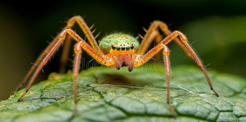 High-Resolution Macro Image of a Wolf Spider on a Green Leaf, Deep Field Depth royalty free stock photo