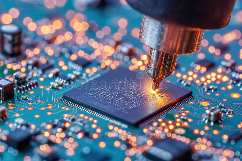 High Resolution Macro Shot of Circuit Board with Glowing Components and Close-up Details stock photo