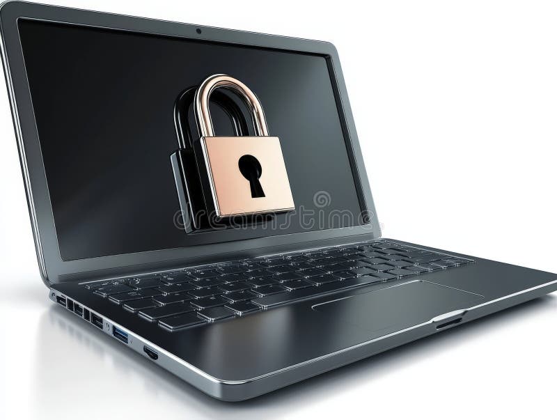 High resolution realistic digital image of sleek black laptop closed padlock on keyboard representing high level cybersecurity stock illustration