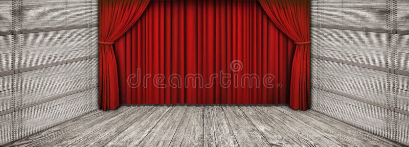 High resolution rustic wooden theater scenery with lowered red curtain and empty front stage.