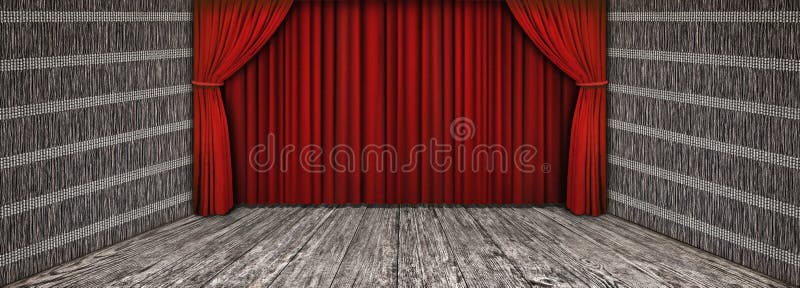 High resolution rustic wooden theater scenery with lowered red curtain and empty front stage.