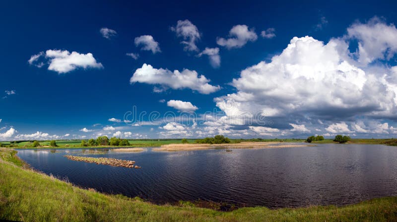 Summer Panorama with River and Forest, Large-size High-definition Photo, Large-format Stock Image - blue: 225145037