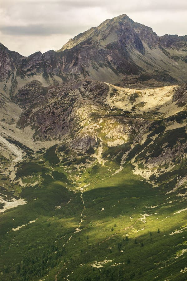 High rocky peak Popradske pleso valley in High Tatra Mountains, Slovakia, Europe