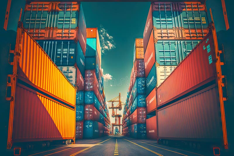 High Rows of Colorful Containers Stored at Berth of Cargo Port Stock