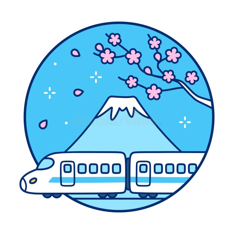 Tren de mare viteză cu motor cu montare fuji și saura înfloritoare royalty free illustration