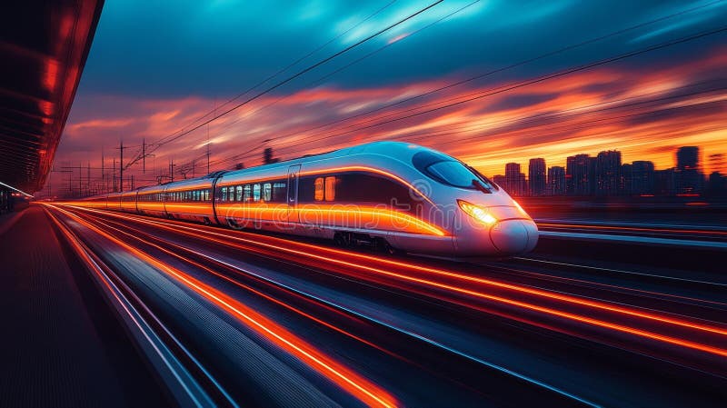 Tren cu marcator de mare viteză la apus generativ stock illustration