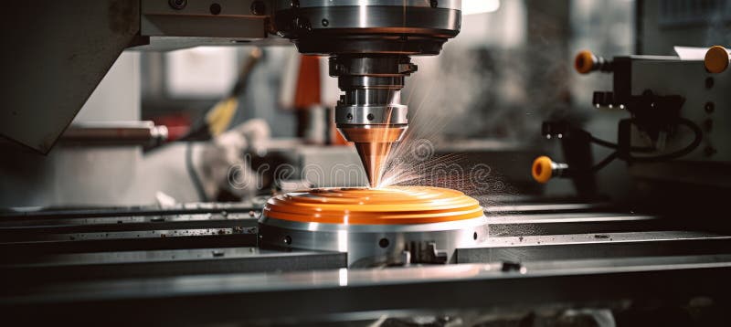High speed cnc lathe tool spinning with sharp, glowing cutting edge in clear focus royalty free illustration