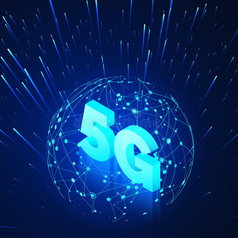 High speed 5G global mobile networks. Business isometric illustration global network hologram and text 5g. Modern data transfer vector illustration