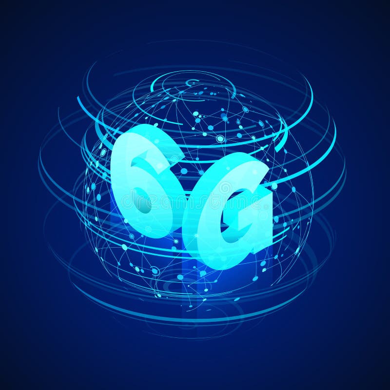 High speed 6G global mobile networks. Business isometric illustration global network hologram and text 6g. Modern data transfer vector illustration