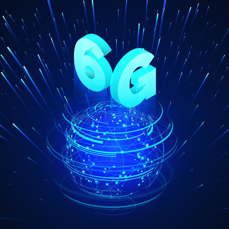 High speed 6G global mobile networks. Business isometric illustration global network hologram and text 6g. Wireless web banner. stock illustration