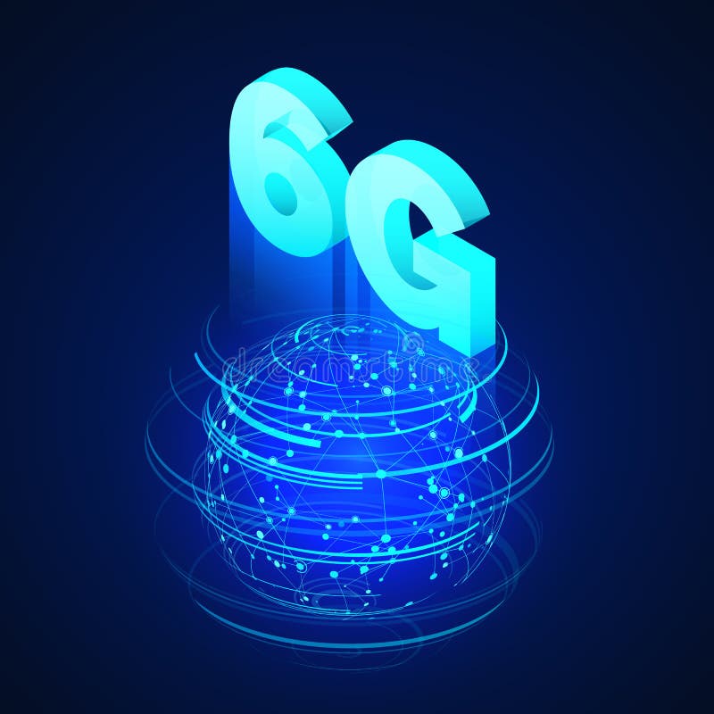 High speed 6G global mobile networks. Business isometric illustration global network hologram and text 6g. Wireless web banner. vector illustration