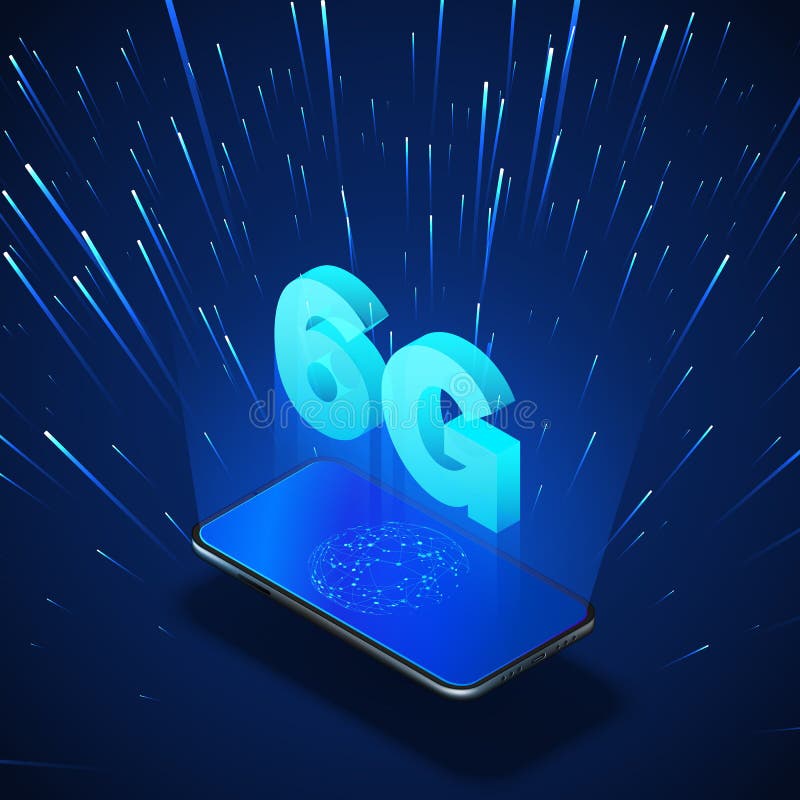 High speed 6G global mobile networks. Business isometric illustration smartphone with internet hologram and text 6g. Modern data vector illustration