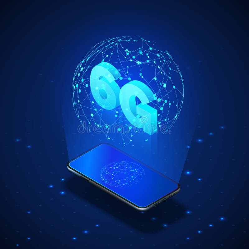 High speed 6G global mobile networks. Business isometric illustration smartphone with internet hologram and text 6g. Modern data royalty free illustration