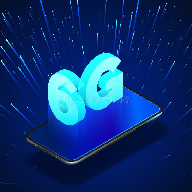 High speed 6G global mobile networks. Business isometric illustration smartphone with internet hologram and text 6g. Modern vector illustration