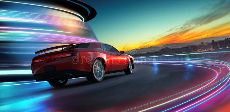 HIgh speed generic red sports car driving in the city stock photo