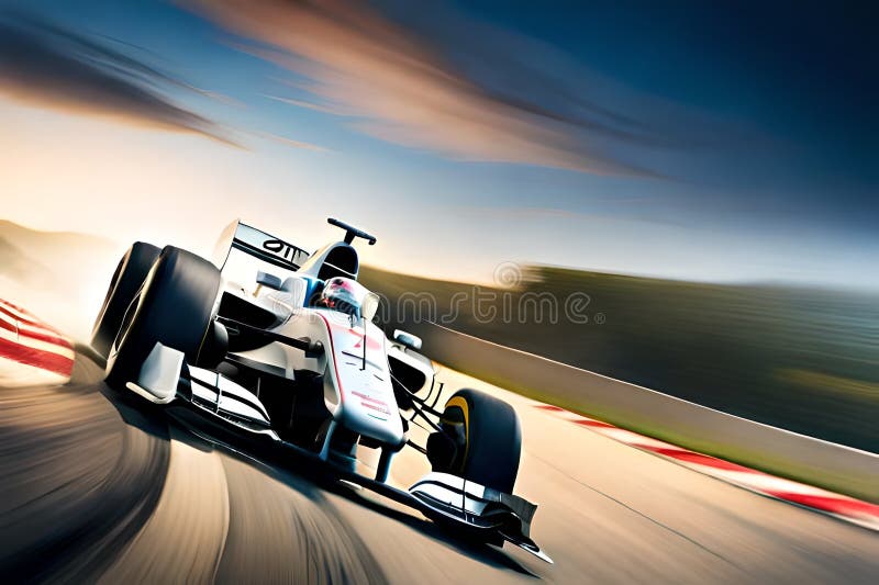A high-speed racing car navigating a sharp turn on a Formula 1 track.