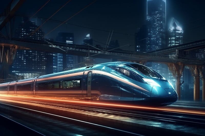 High Speed Train in the City at Night. 3d Rendering Generative Ai Stock