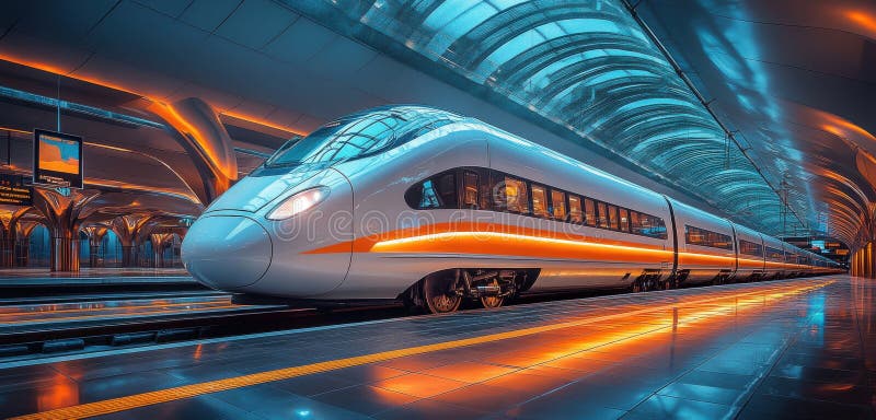 High-speed train at modern station with orange and blue lighting effects in dynamic architectural design royalty free illustration