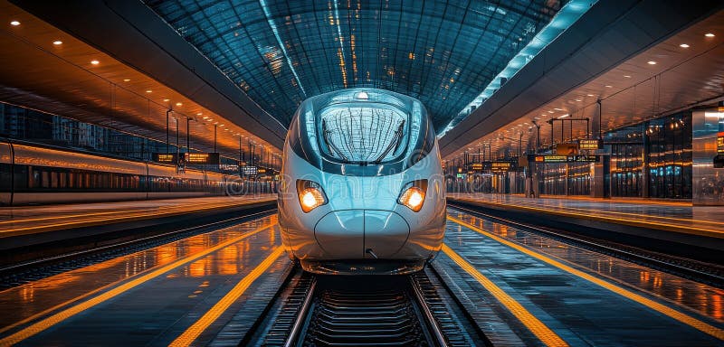 High-speed train parked at a modern station with illuminated platform and dynamic diagonal composition vector illustration