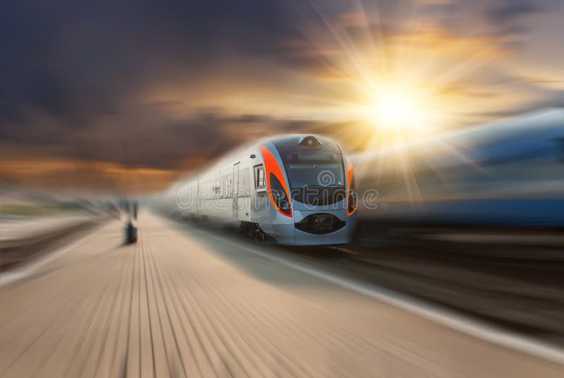 High-speed train passing station stock images