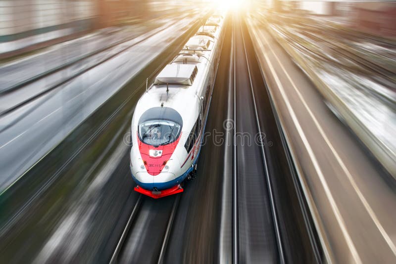 High-speed train Sapsan rides on the route Moscow-St. Petersburg. January 2018.