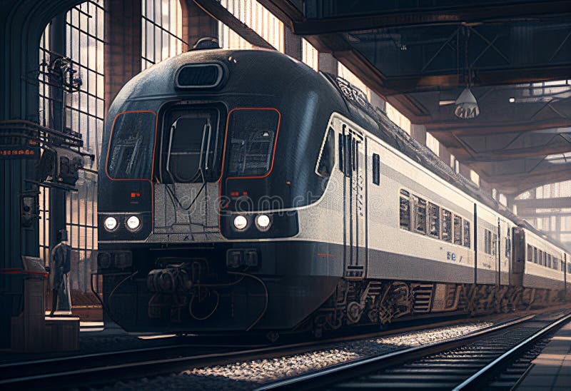 High Speed Train in a Station. 3D Rendering. Toned Image Stock