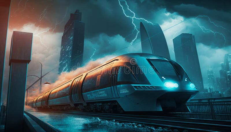 High-speed Train Travels through the City at Night. Generative AI Stock ...