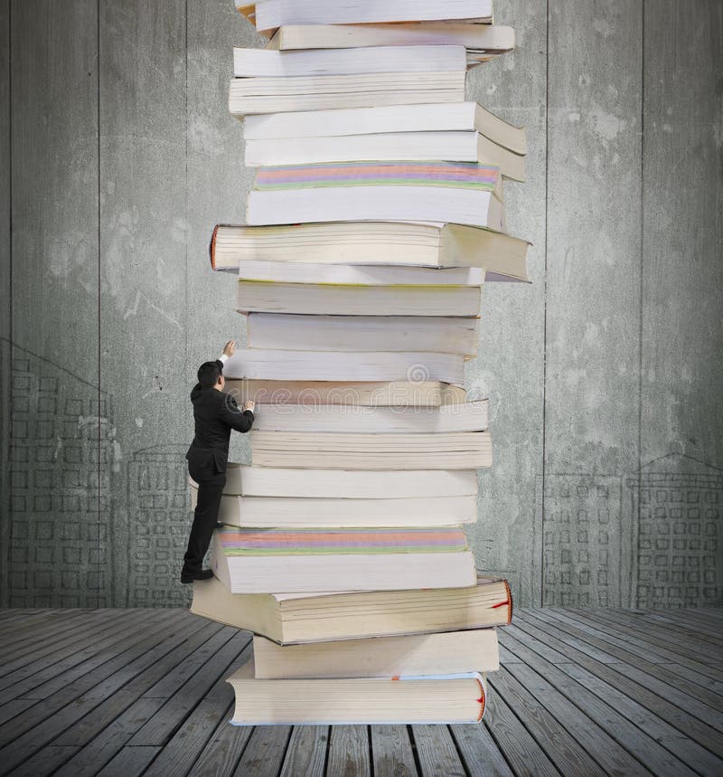 High Stack of Books with Businessman Climbing it Stock Image - Image of ...