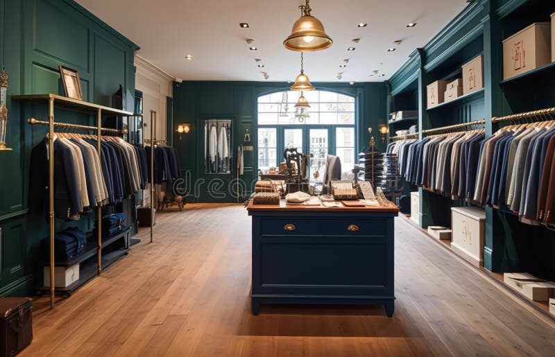 High Street Retail, Small Business And Commercial Interior, Fashion Store  In The English Countryside Style, Elegant Country Clothing Shop Showroom  And Luxurious Boutique In The Old Town, Post-processed, Generative Ai Stock  Photo