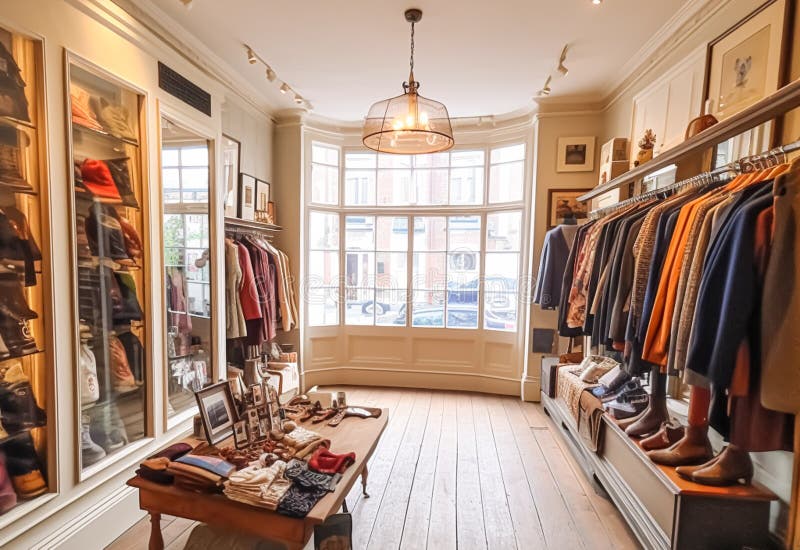 High street retail, small business and commercial interior, fashion store  in the English countryside style, elegant country clothing shop showroom  and luxurious boutique in the old town, generative ai 26658820 Stock Photo