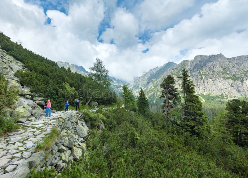 High Tatras (Slovakia) summer view and family on footway.