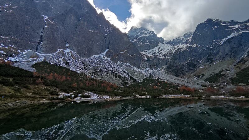 High Tatras and Zelene Pleso Green water lake with Belianske Tatry background, Chata pri Zelenom Plese Slovakia. Autumn with snow