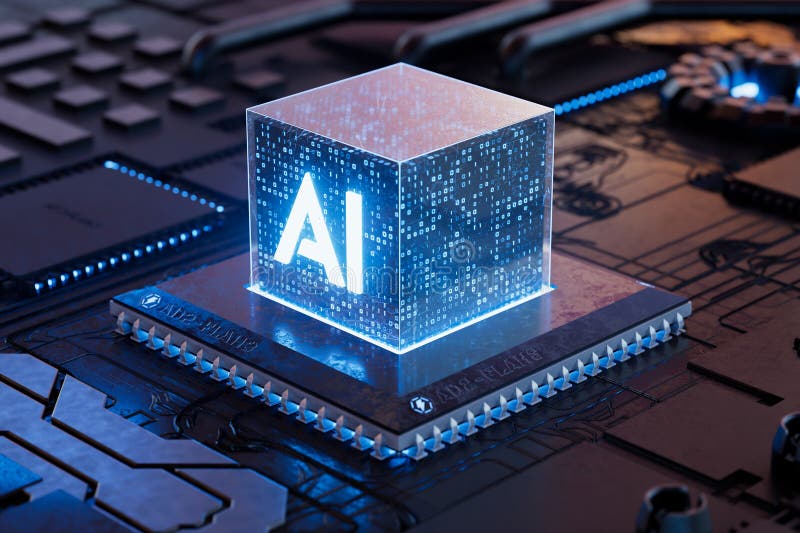 High-Tech AI Computer Chip with Futuristic Circuit Board Design 3D Illustration stock illustration