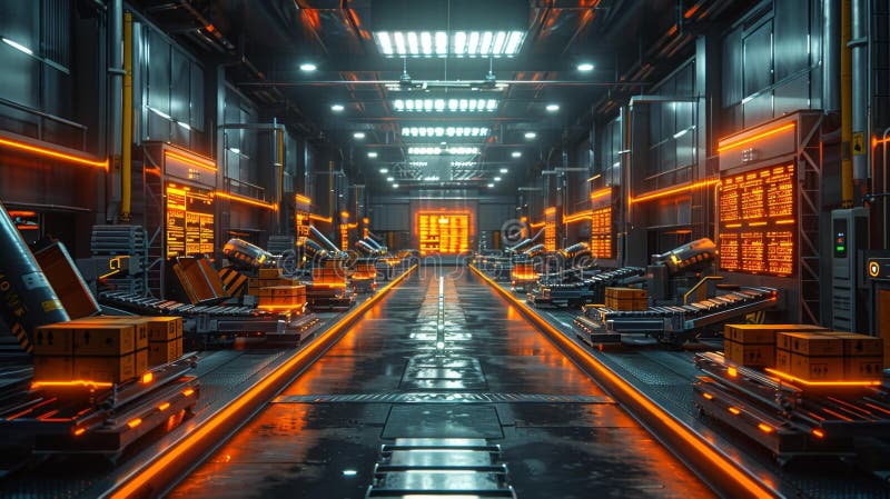High-tech automated warehouse with conveyor belts - generative ai vector illustration