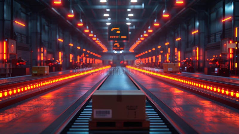 High-tech automated warehouse conveyor with red lighting - generative ai stock illustration