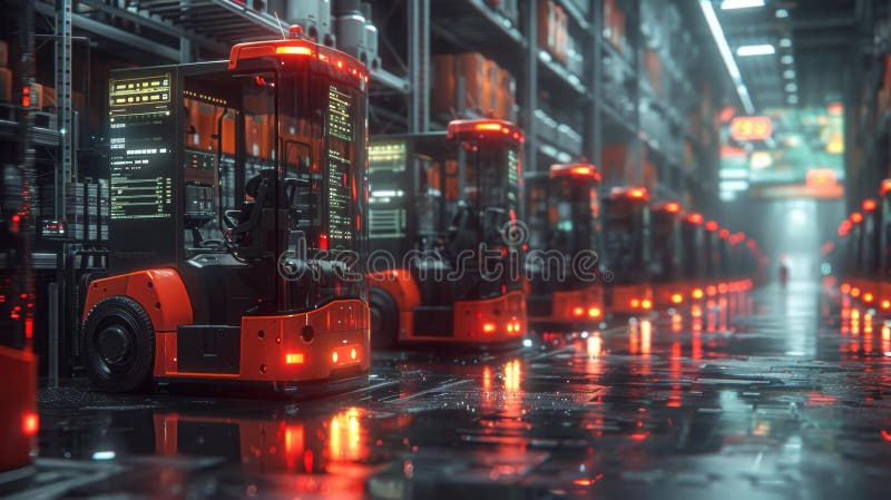 High-tech automated warehouse with orange and black machines - generative ai royalty free illustration
