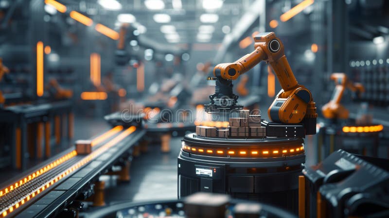 High-tech automated warehouse with robotic arms and conveyor system stock illustration